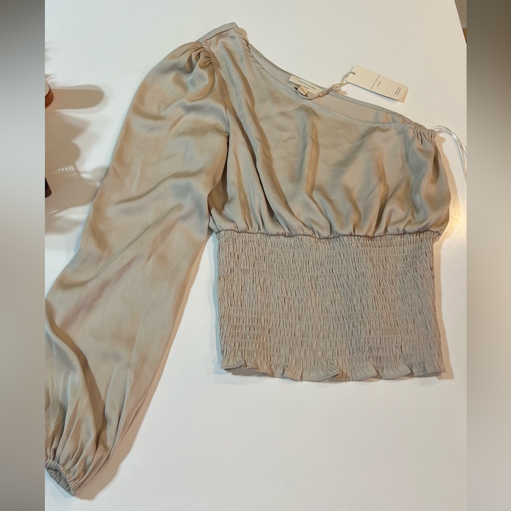 Grade and Gather one shoulder satin top in beige size small nwt